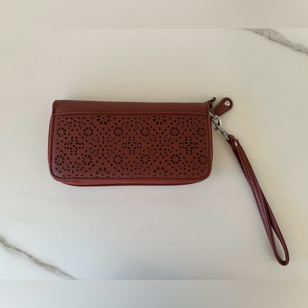 Brown Wristlet Wallet Clutch with Laser Cut Design